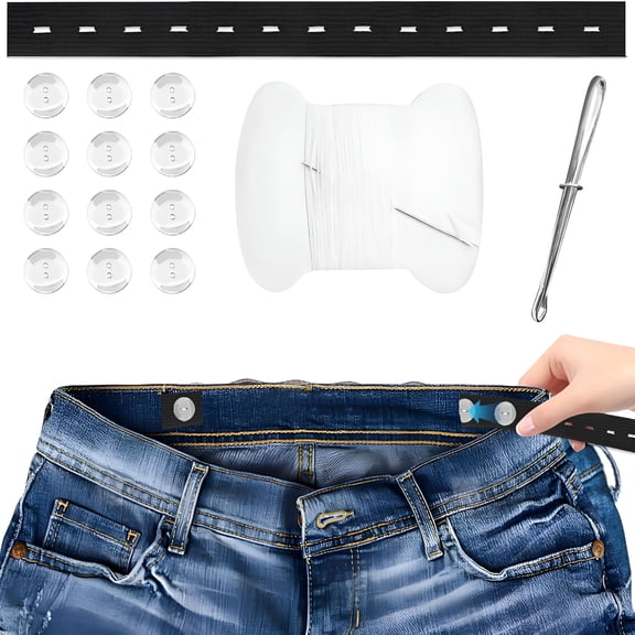 VANIDO 6Pcs Black Elastic Waistband with 12 Buttons,Needles and Thread for Skirt,Maternity Pants Extender,Pants Waist Tightener Kids Waist Adjuster,Adjustable Elastic Waist Extenders Waistband