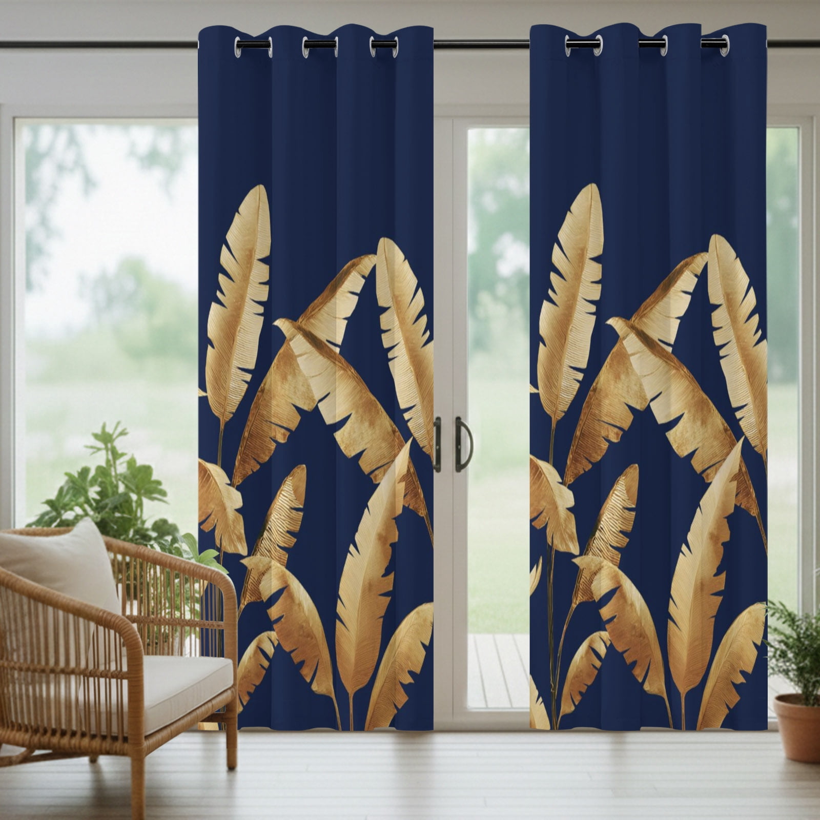 Golden Leaves Outdoor Curtains for Patio, Summer Night Sky Tropical Plants Sunshade Privacy Drapes Grommet Waterproof Outside Curtains for Porch/Cabana/Balcony 54"x 108", 1 Panel