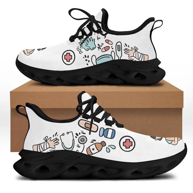 Yikeluo Zapatos de enfermera con plataforma y diseño de dibujos animados para mujer, zapatillas de malla transpirables con cordones y cordones, calzado para caminar para mujer