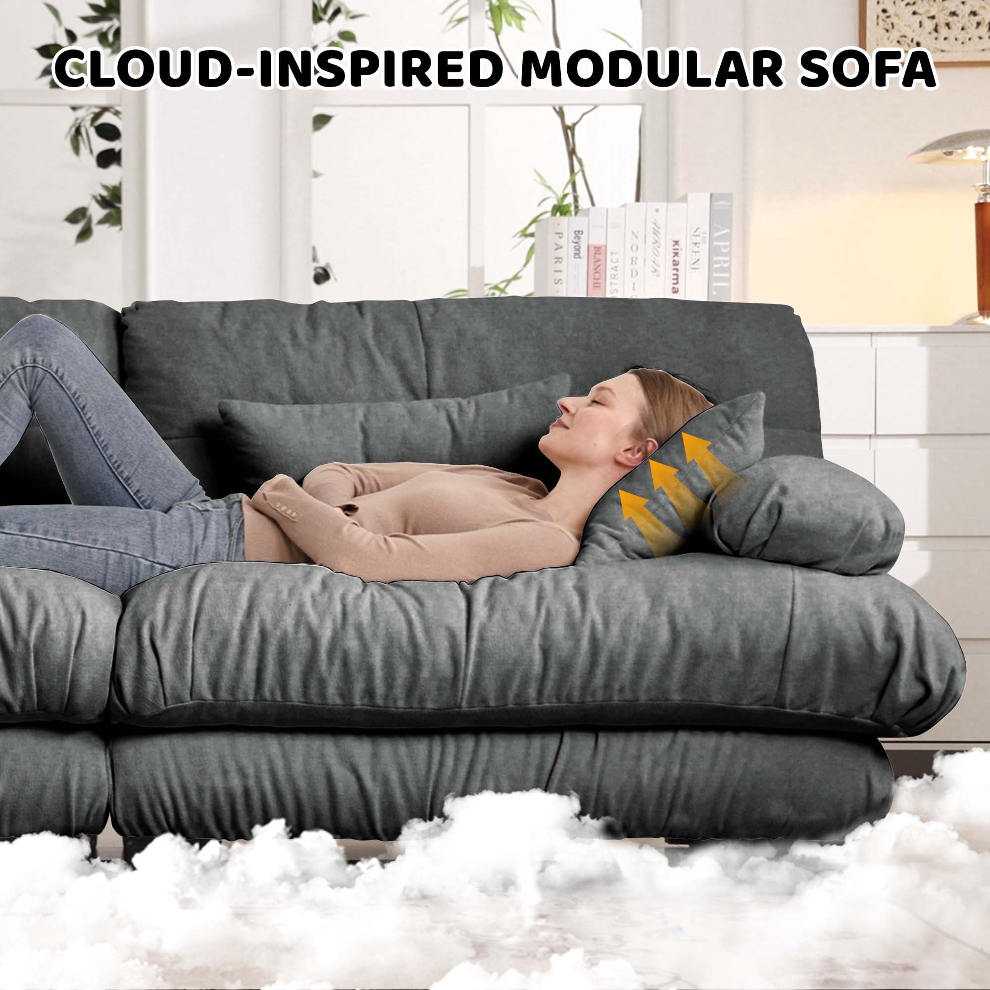 94.4" Cloud Chenille Loveseat Sofa with 2 Moveable Ottomans, Oversized Deep Seat Couch Set for Living Room,Gray