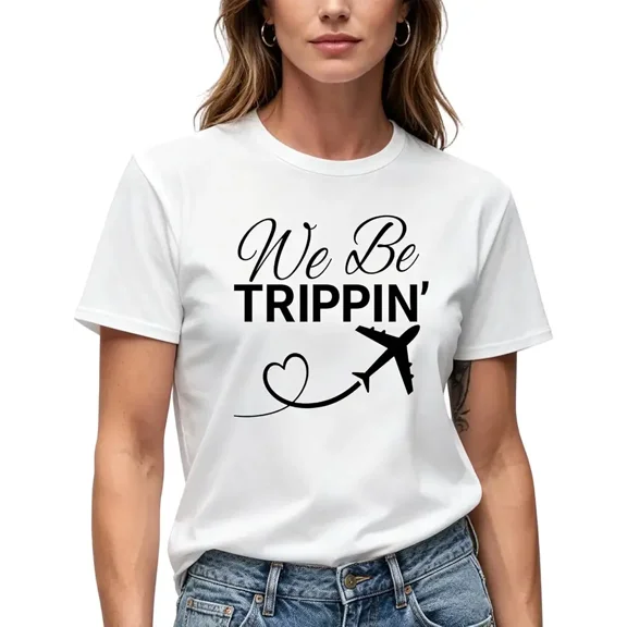 Paekabao Home We Be Trippin' Women's Graphic T-Shirt, Black, Travel Theme, Short Sleeve, Crew Neck