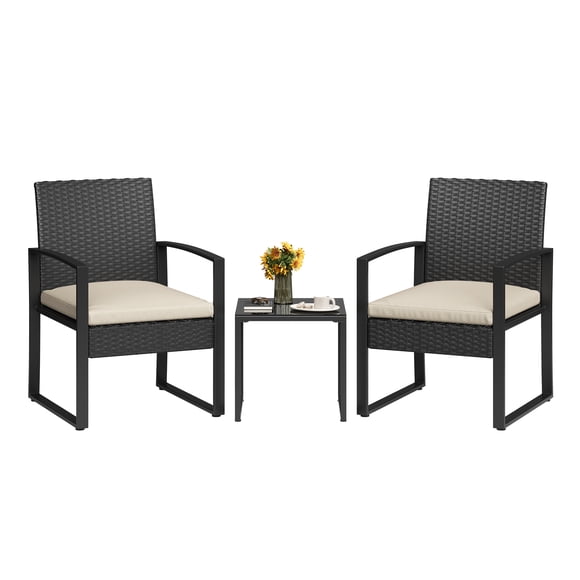 Set de 3 Piezas de Muebles de Patio – Sillas de Mimbre – Mesa de Café con Vidrio – Ratán PE – Jardín, Porche y Piscina – Sin Mecedora