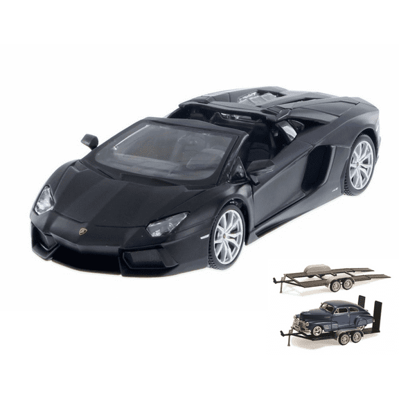 Diecast Car & Trailer Package - Lamborghini Aventador LP 700-4 Roadster, Matte Black - Maisto 34504 - 1/24 Scale Diecast Model Toy Car w/Trailer