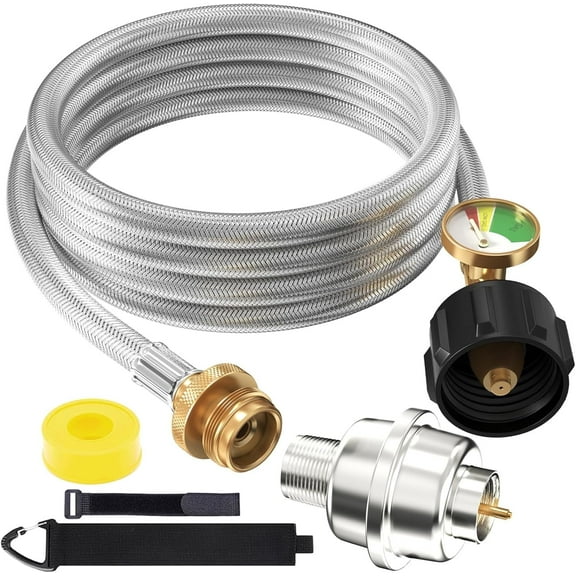 10FT Stainless Braided Propane Adapter Hose with Gauge, Adapter Hose with QCC1/Type1 Adapter Connect 20-45 lb Propane Tank (10FT Extension Hose/Propane Fuel Filter) for Mr Buddy Heater and Big Buddy
