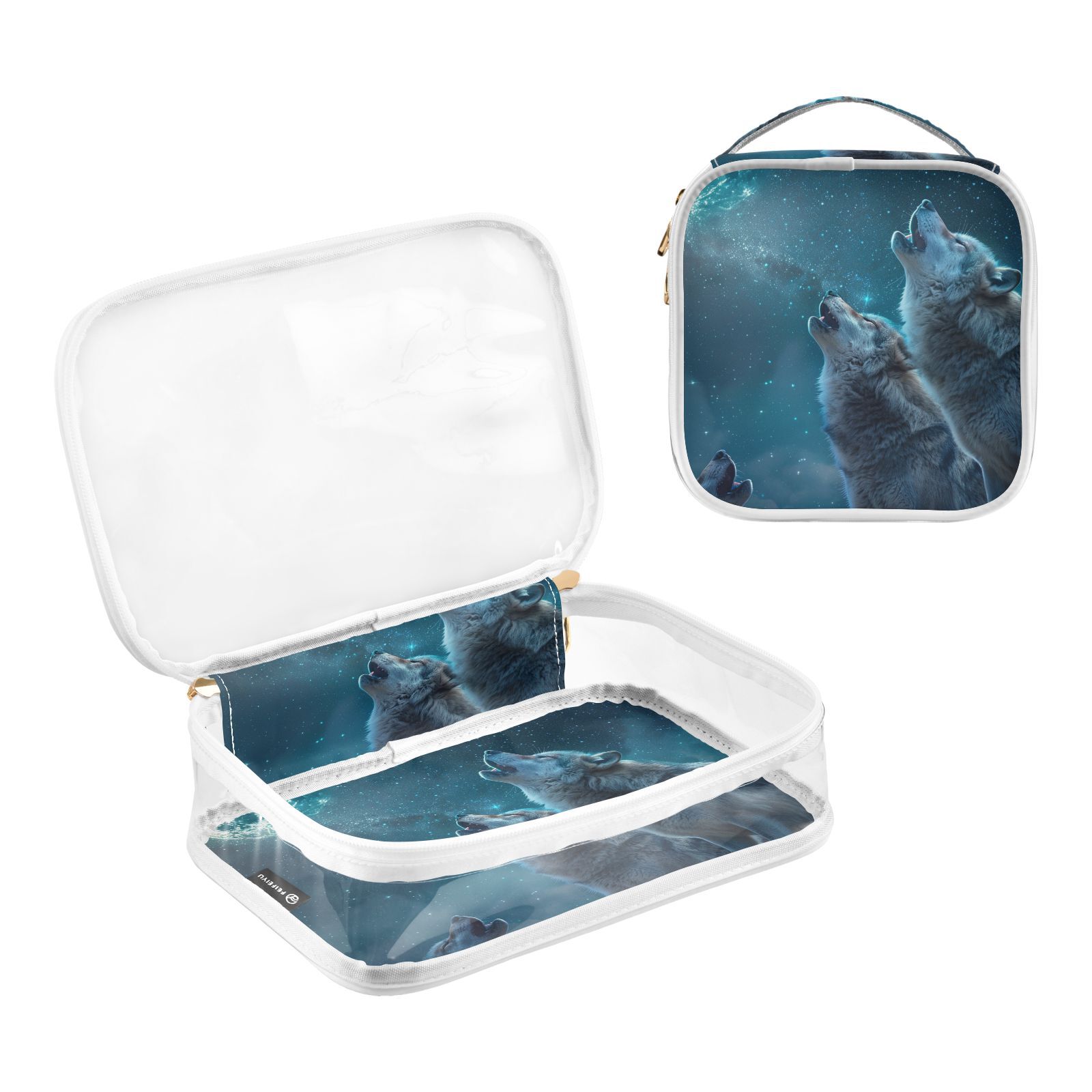 Clear Makeup Bags with Handle Large Opening 2 Pack Set Toiletry Bag Quart Size Bag, for Women Man Traveling Travel Essentials, Toiletries and Other. Wolf