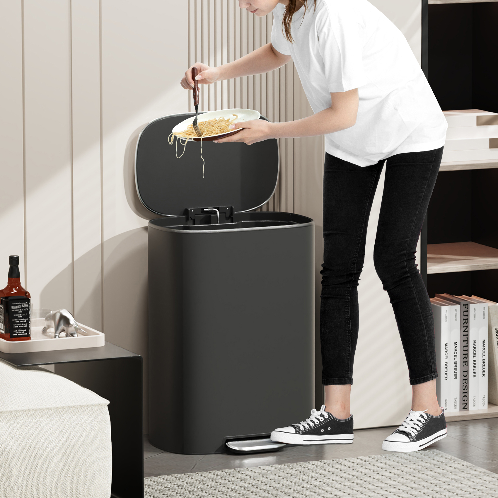 Miniyam 13 Gallon Stainless Steel Foot Pedal Large Trash Can with Soft Close Quiet Lid, Oval Garbage Can for Kitchen, Commercial, Home, Office, Black
