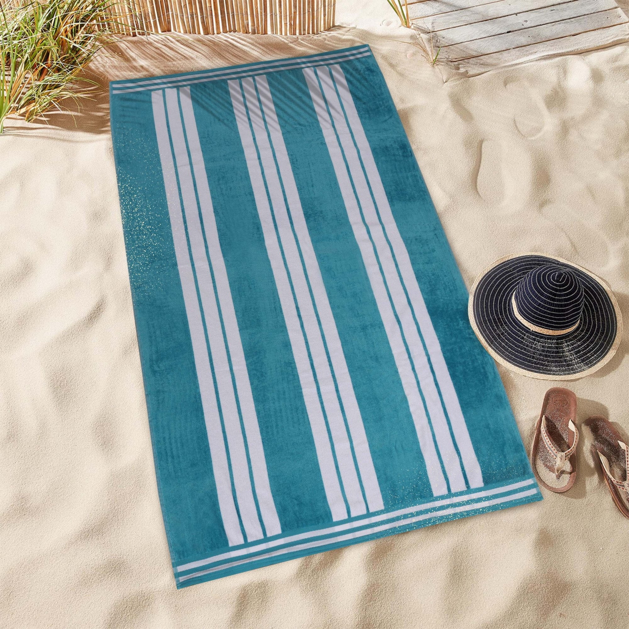 Superior Cotton Striped Oversized Beach Towel Set of 2, 34" x 64", Turquoise