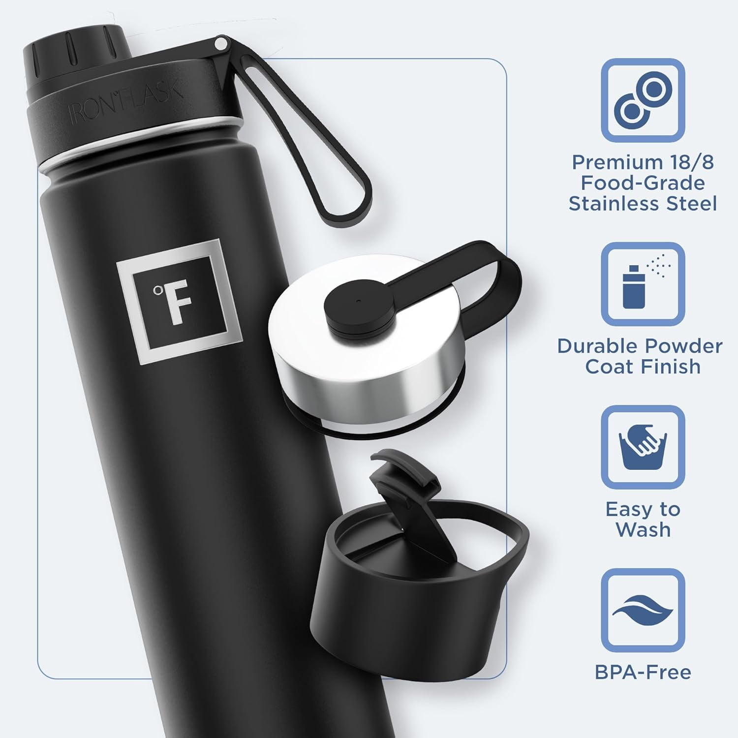 IRON °FLASK Camping & Hiking Hydration Flask, Wide Mouth, 3 Spout Lids, Stainless Steel Outdoor Water Bottle, Double Walled, Insulated Thermos, Metal Canteen - Midnight Black, 22 Oz