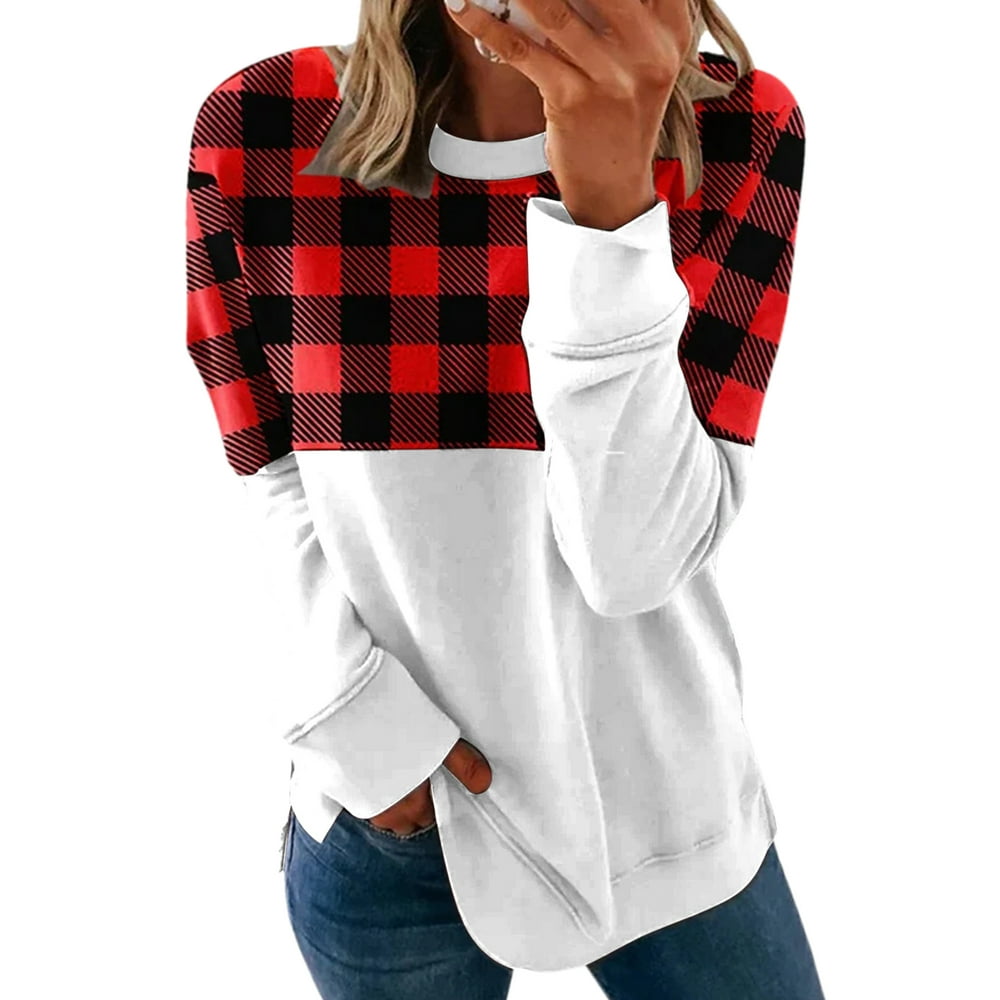 AMaVo Avamo Womens Buffalo Plaid Shirts Round Neck Check Pattern