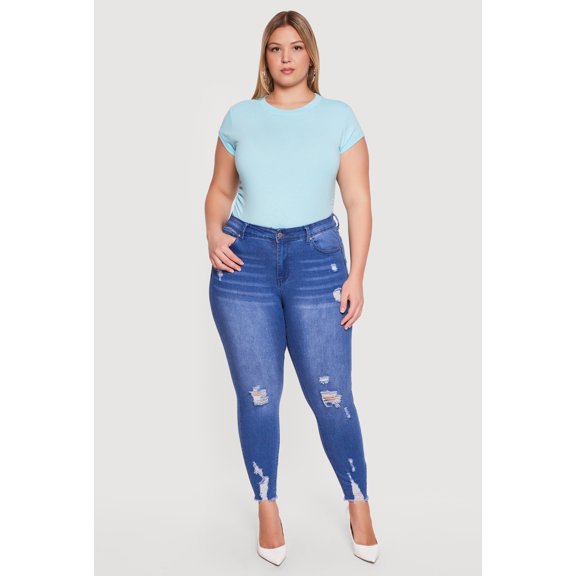 Women's Plus Size WAX Distressed Frayed Hem Skinny Jeans