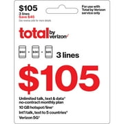 Total by Verizon $105 No-Contract Three Device Unlimited Talk, Text & Data Plan + 10GB Hotspot Data & Int'l Calling e-PIN Top Up (Email Delivery)