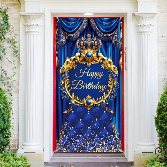 1 Pc Happy Birthday Polyester Door Cover Royal Blue Gold Backdrop Banner Door Porch Sign Photography Background