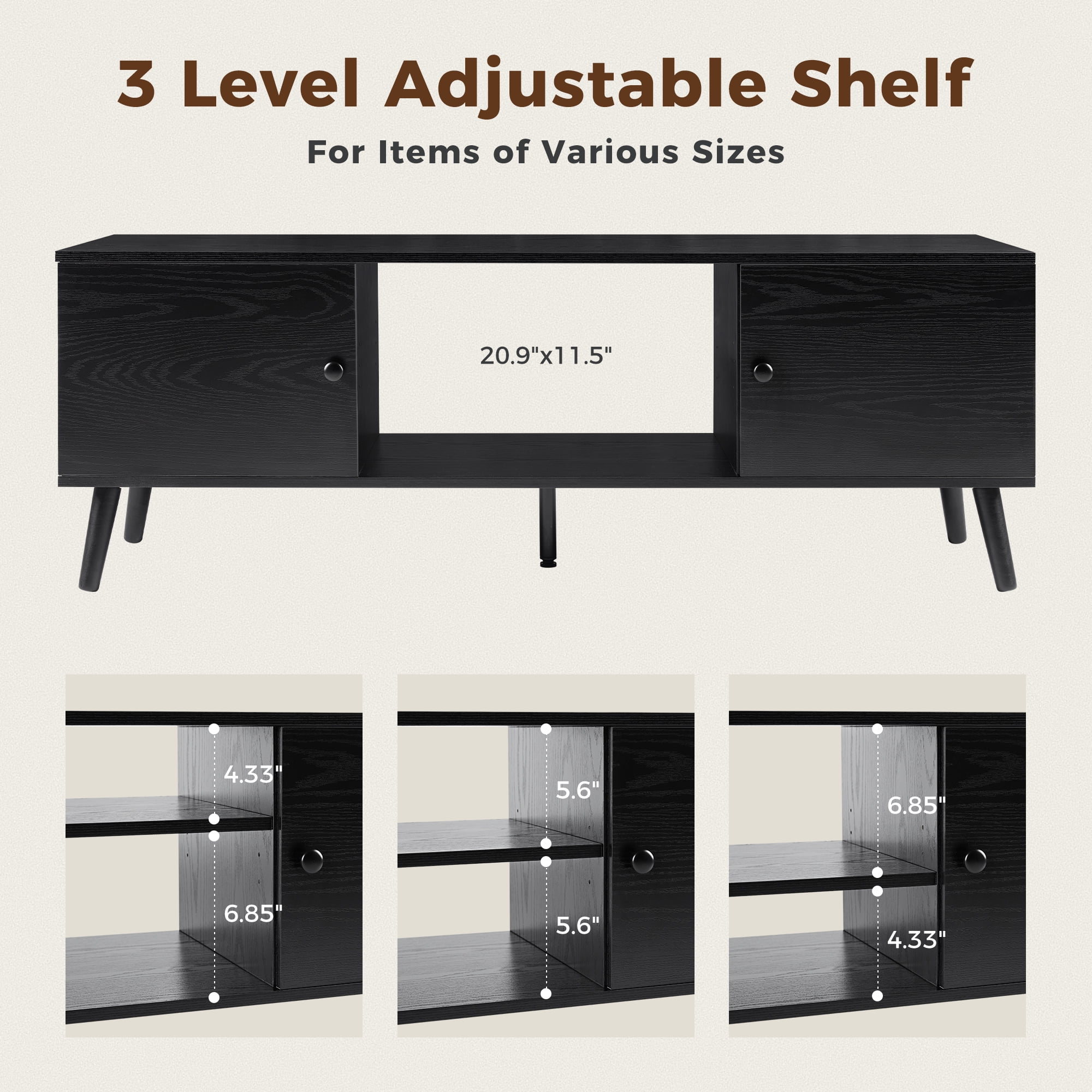 GIANNA Mid-Century Modern Wooden TV Stand for 55-60” TVs, 2 Storage Cabinets, Adjustable Shelf, Cable Management, Sturdy Legs, Easy Assembly, Black