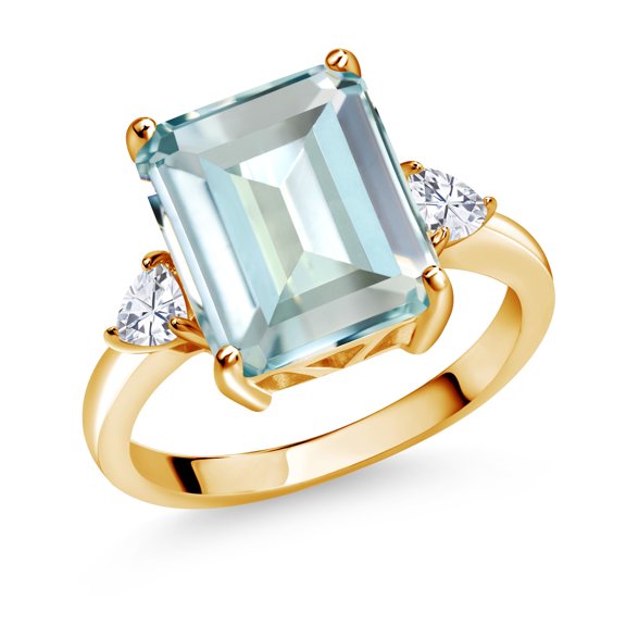 Gem Stone King 18K Yellow Gold Plated Silver 3-Stone Ring Octagon Sky Blue Simulated Aquamarine and Moissanite (5.73 Cttw, Size 5)