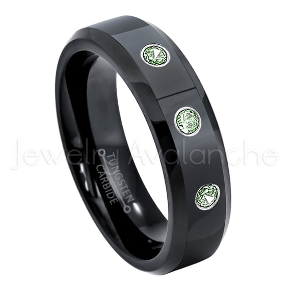 6mm Comfort Fit Beveled Black Tungsten Ring - 0.21ctw Alexandrite 3-stone Band - Personalized Tungsten Wedding Ring - Custom Made June Birthstone Ring TN086BS