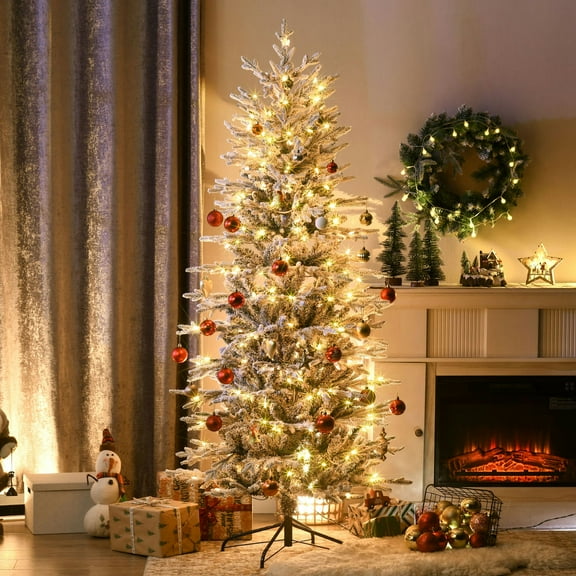 Spaco 6 Feet Prelit Artificial Christmas Tree, Christmas Tree with 636 Snow Flocked Branches and 250 Warm Yellow Clear Lights, Christmas Tree for Holiday Decor, Green