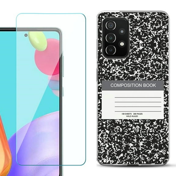 Slim-Fit Flexible Gel TPU Phone Case compatible with Samsung Galaxy A52 5G, with Tempered Glass Screen Protector, by OneToughShield ® - Composition Book