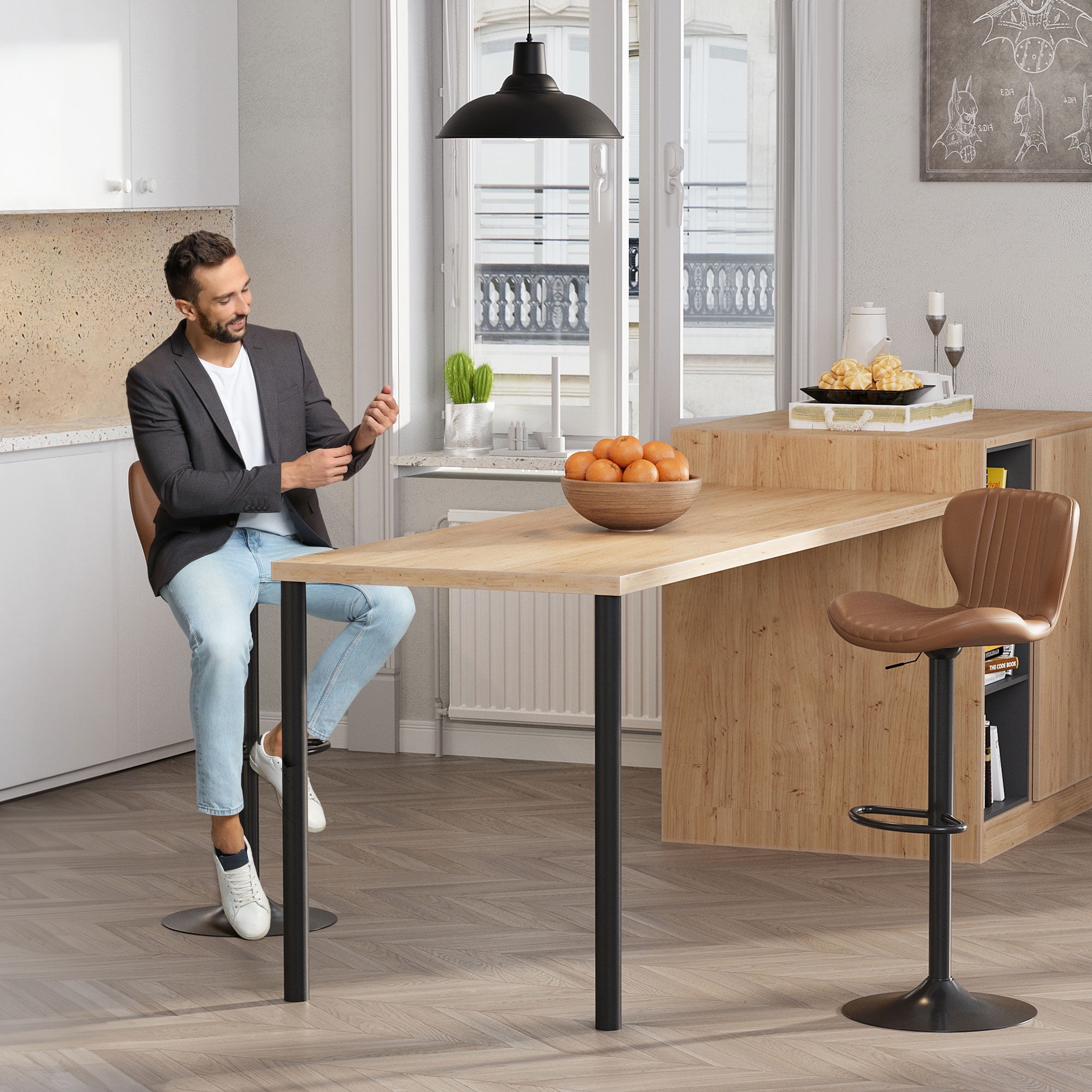 Walsunny Adjustable Bar Stools Set of 2 Leather Upholstered Swivel Counter Stools Counter Height Bar Stools with Large Base, Room Bar, Brown