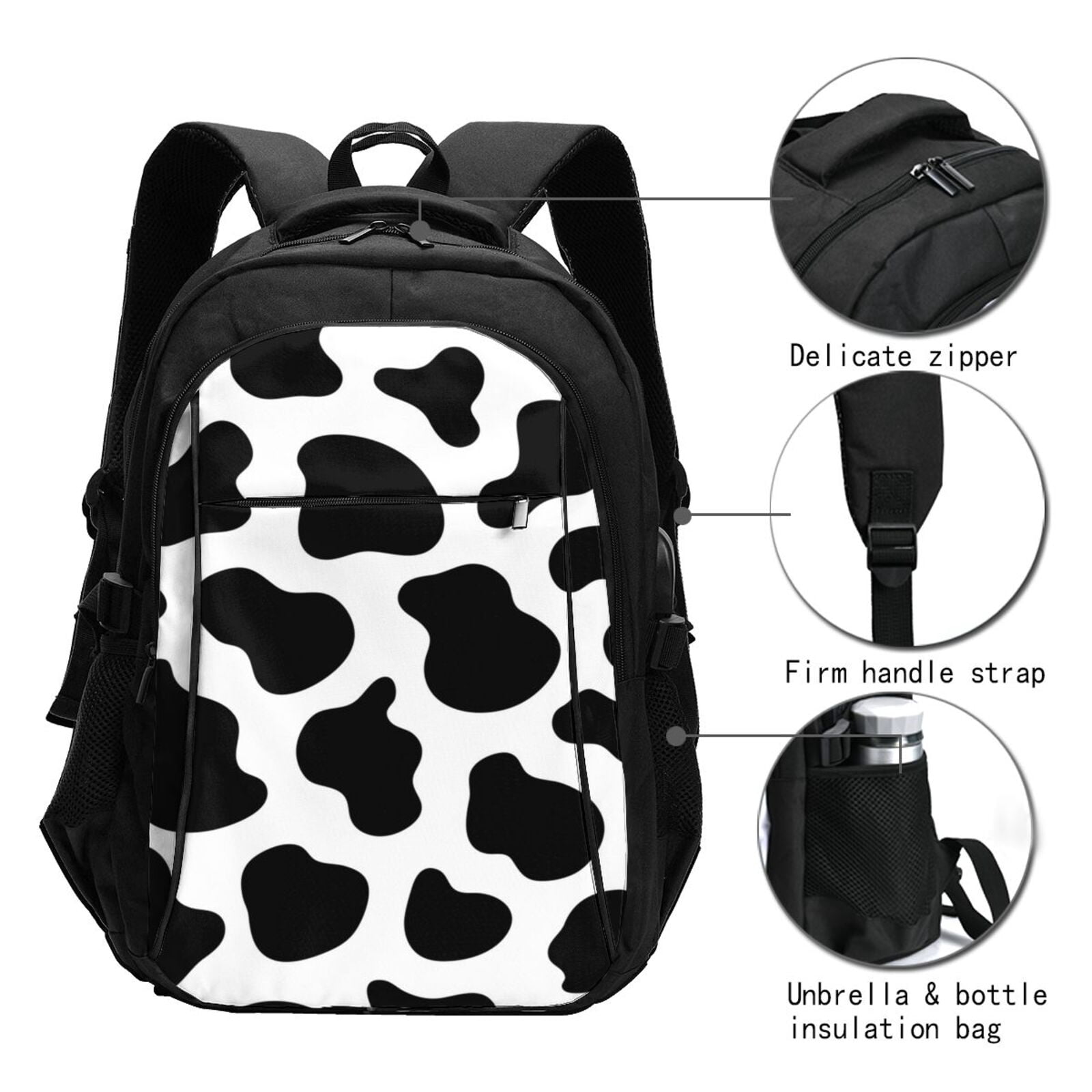 Black And White Cow Skin Print Laptop Backpack with USB Charging Headphone Port Casual Daypack Bag College Business Travel