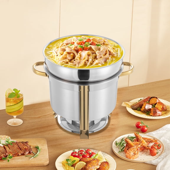 Modern Freestanding Silver Round Stainless Steel Warmer Soup with Pot Lid and Fuel Holder for Cafeterias
