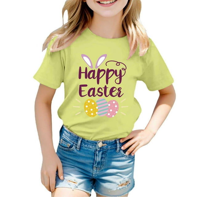 MIASHUI T-Shirt Graphique de Pâques à Manches Courtes pour Garçons, Confortable et Décontracté, Imprimé pour Filles, Vert Clair, 12-13 Ans