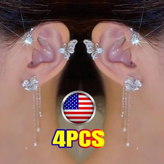 NEW 4-Pieces Butterfly Tassel Zircon Earrings and Ear Cuffs - No Piercing Flower Climber Wrap Around Earrings - Fairy Ear Clip Jewelry Gifts