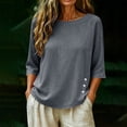 thumbnail image 6 of Womens Tops Elbow Length Sleeve Tshirts for Women Crew Neck Solid Color Button Summer Fall T-Shirts, 6 of 7