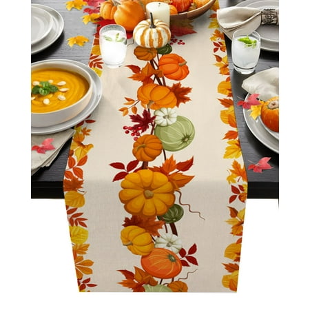 

Autumn Pumpkin Maple Leaf Linen Table Runners Holiday Party Wedding Decoration Reusable Table Runners Thanksgiving Decorations