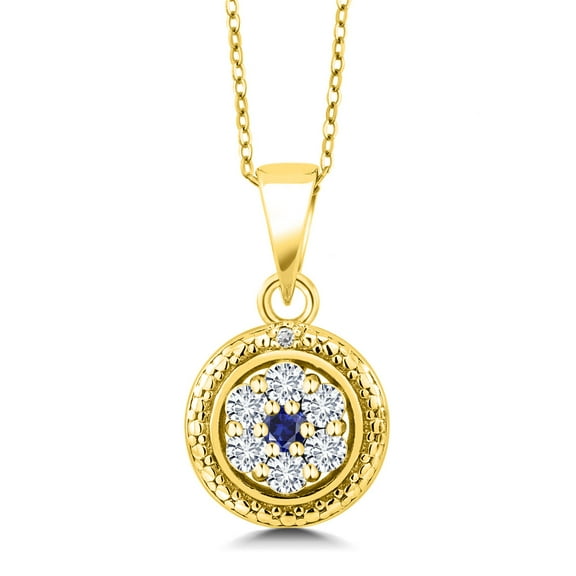 Gem Stone King 18K Yellow Gold Plated Silver White Lab Grown Diamond and Blue Created Sapphire Round Pendant Necklace for Women (0.35 Cttw, Gemstone Birthstone, with 18 inch Chain)