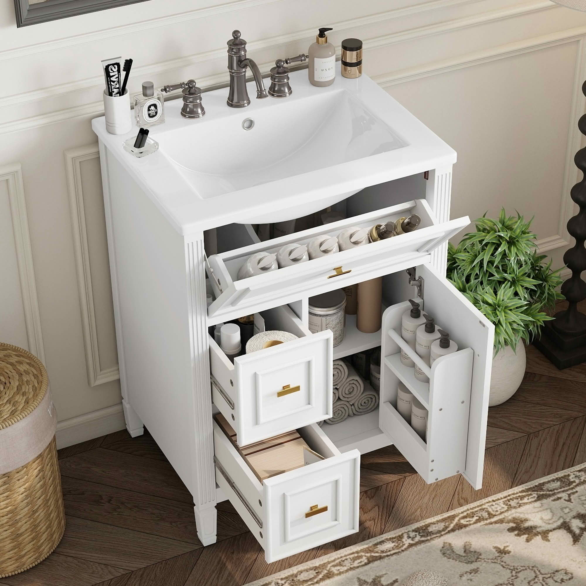 MAYEERTY 24" Bathroom Vanity with Sink, 1 Flip Drawer 2 Drawers Adjustable Shelf, Solid Wood MDF, White
