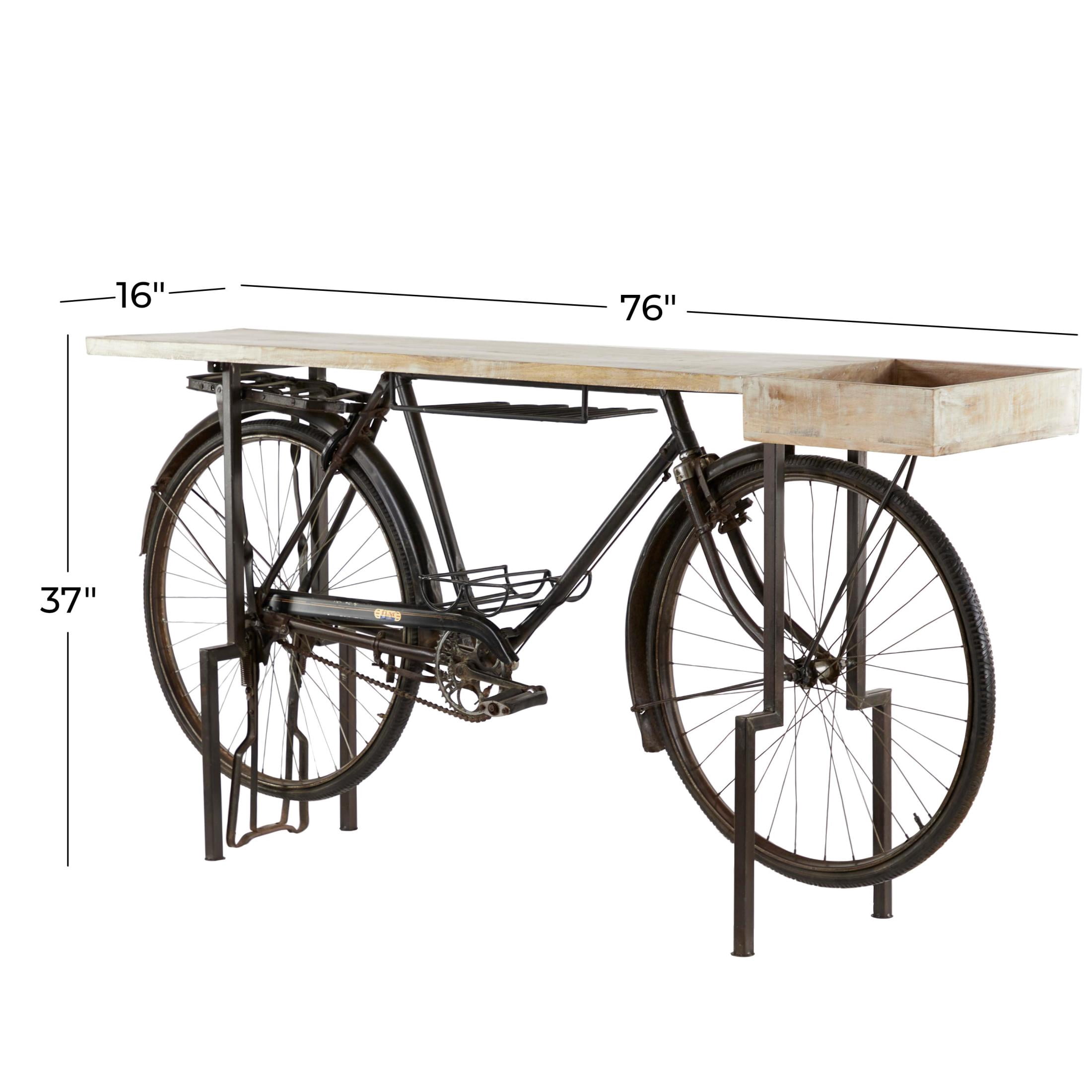DecMode Rustic Metal Black Bicycle Console Table with Brown Wood Tabletop, 76"W x 37"H