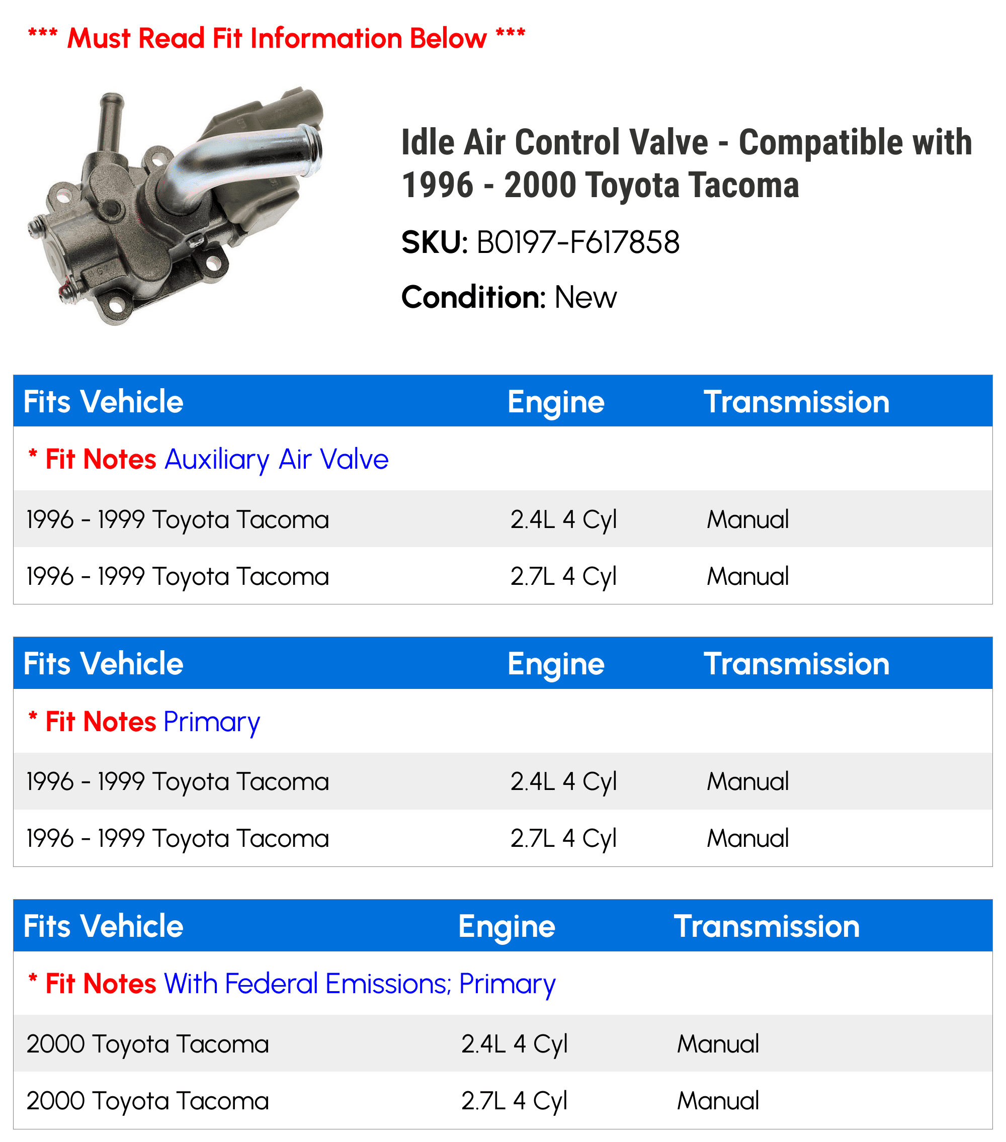 Idle Air Control Valve - Compatible with 1996 - 2000 Toyota Tacoma 1997 1998 1999