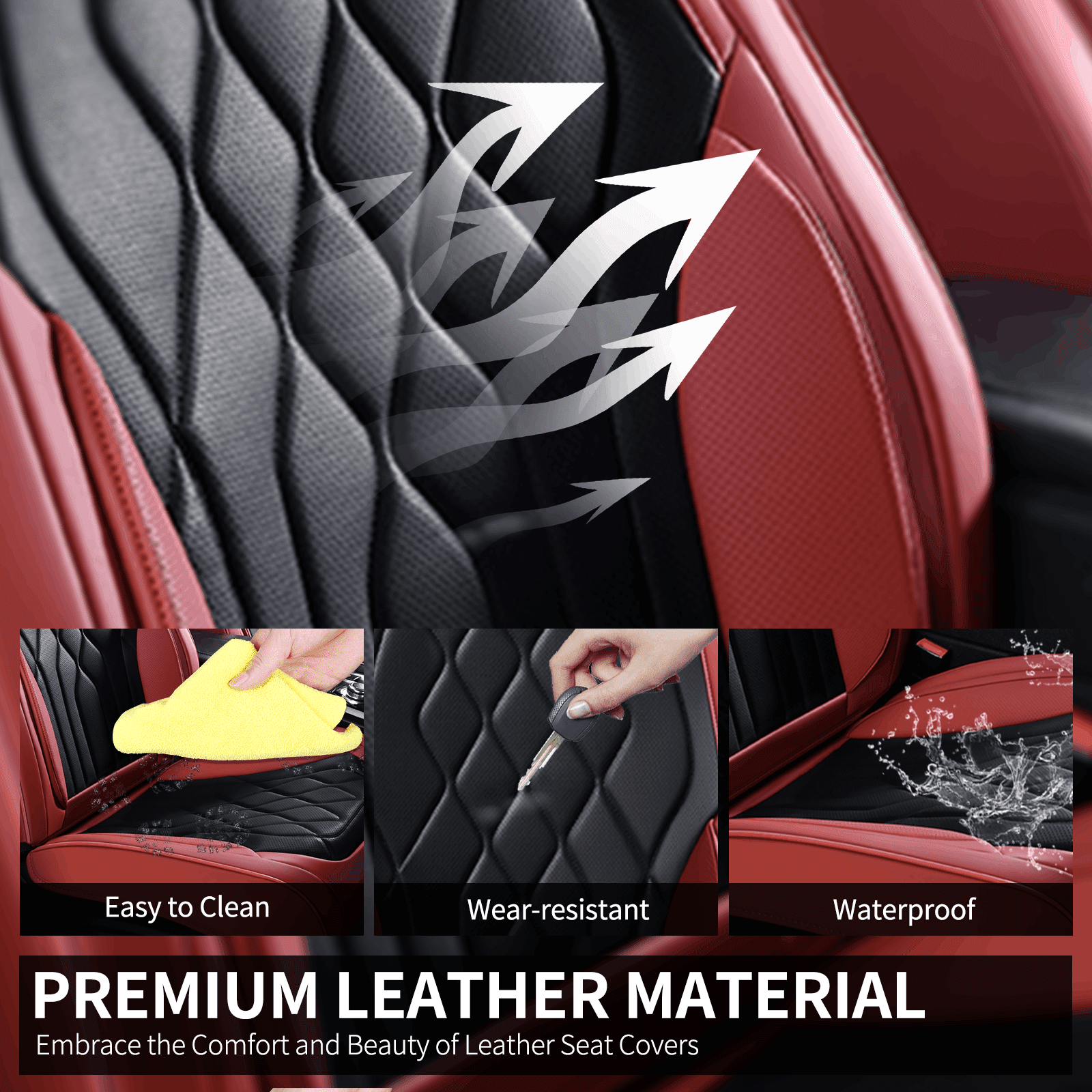 FLORICH Car Seat Covers Full Set, Waterproof Faux Leather Seat Protectors, Automotive Interior Cushions Universal Fit for Most Cars Suv Trucks, Black & Red