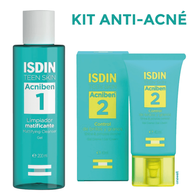 Kit Anti Acné Control Granos y Espinillas Isdin para Joven: Gel Limpiador Matificante, Gel Crema Facial Hidratante y Control de Brillos, Tratamiento para Piel Grasa y con Tendencia Acnéica.