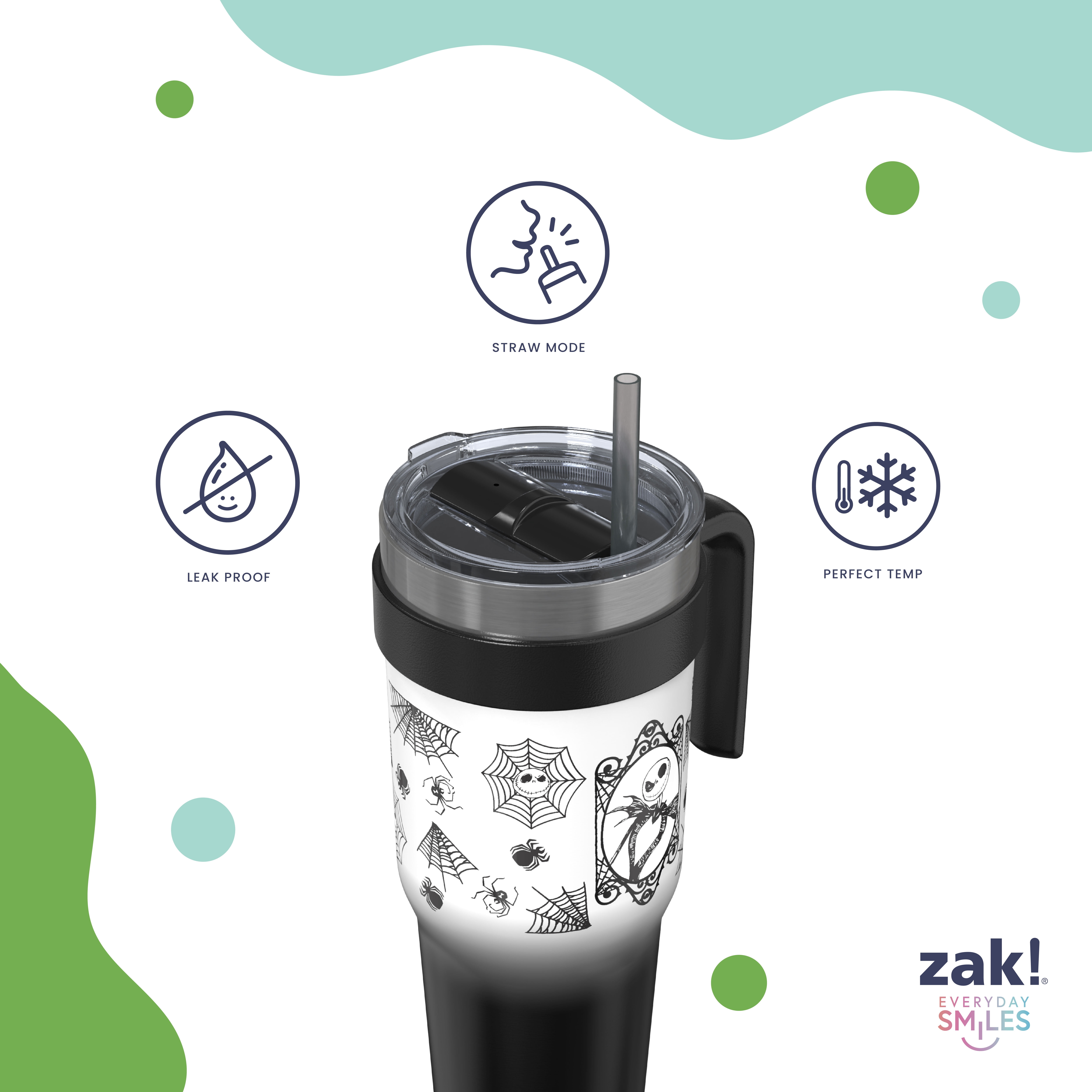 Zak Designs 40oz NBC Halloween Straw Handle Tumbler, Double Wall Vacuum Insulated Stainless Steel Waverly Tumbler with Durable Plastic Straw, Travel Straw Tumbler with Handle, Ombre