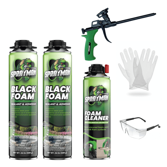 Sprayman Pro Black Spray Foam for Pond, Waterfall, Landscaping, and RVs (2x24 oz), Gun & Cleaner Included - 2 Pack Set