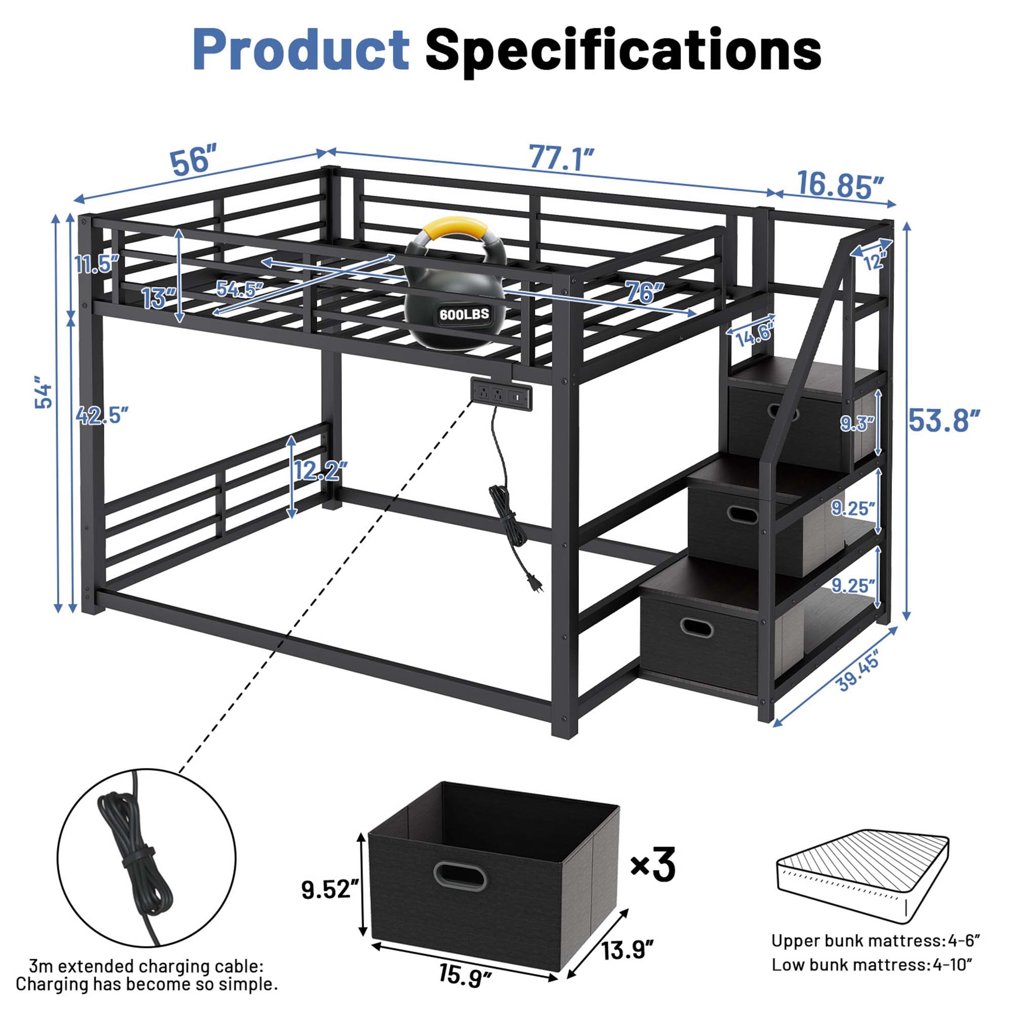 Miniyam Full Over Full Bunk Bed with Storage Stairs, Movable Charging Station and LED Lights, Black