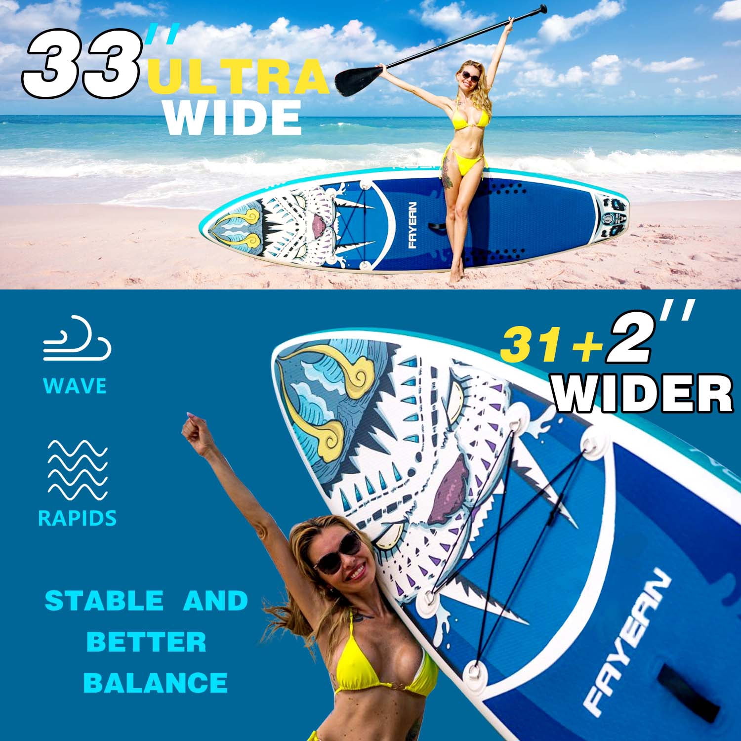 Paddle Board, 10'6''/11' Extra Wide Inflatable Stand Up Paddle Boards for Adults, with Premium SUP Accessories - 3 Fins, Adjustable Paddle, Safety Leash & Waterproof Phone Bag