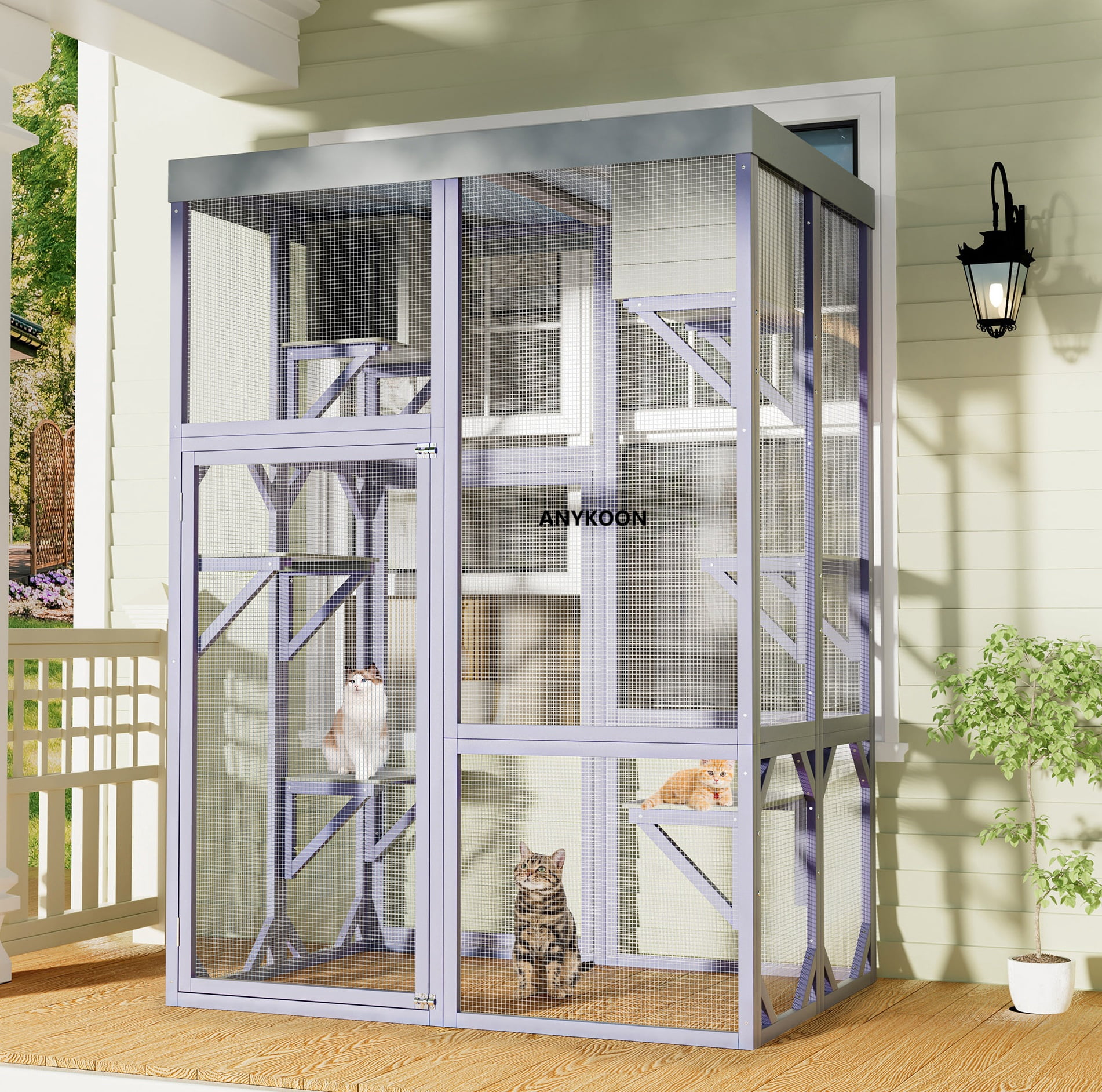 ANYKOON Large Outdoor Cat Enclosure Wooden Catio with 2 Houses & 4 Platforms, Safe Lockable Indoor/Outdoor Cat Cage for Play & Rest
