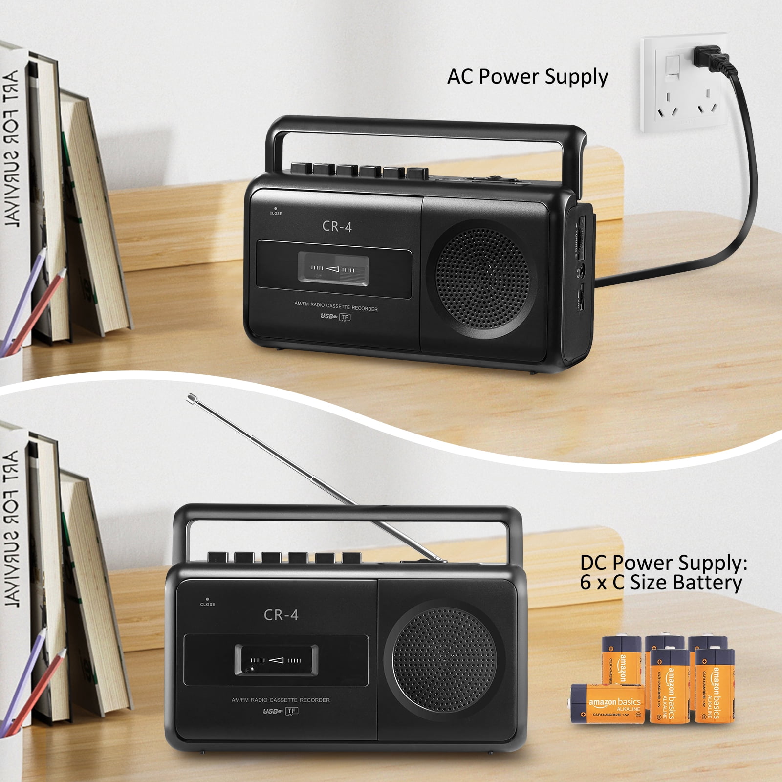 Portable Cassette Player Boombox AM/FM Radio Stereo, Casette Tape Player Recorder with Earphone Jack Battery Operated or AC Powered