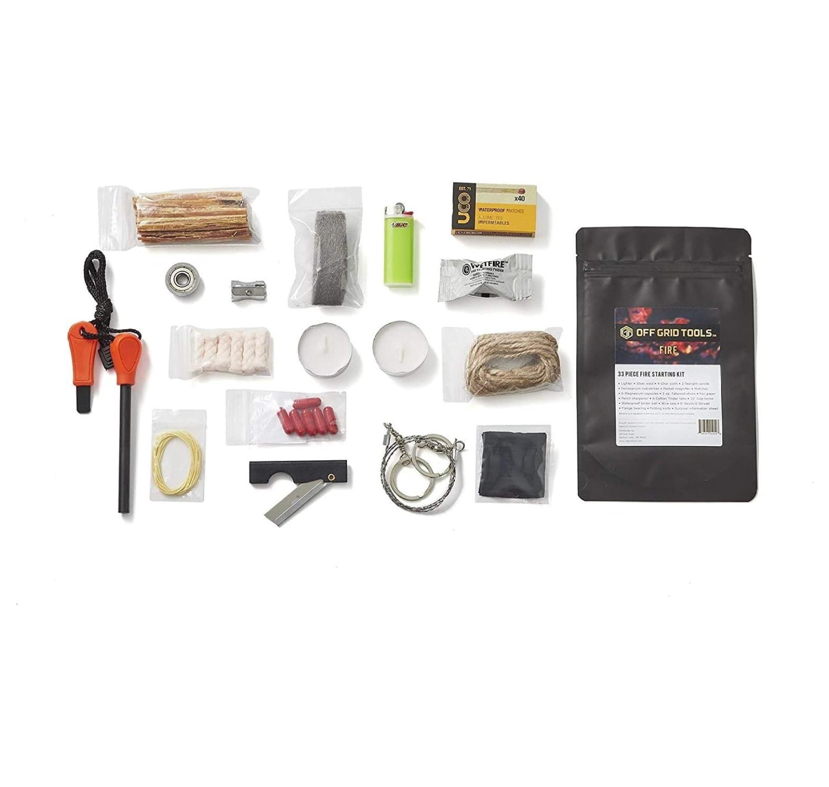 Fire Starting Kit, 33 Pieces Outdoor Survival Kit, Resealable Waterproof Bag, Includes Survival Information Sheet, Gear & Accessories