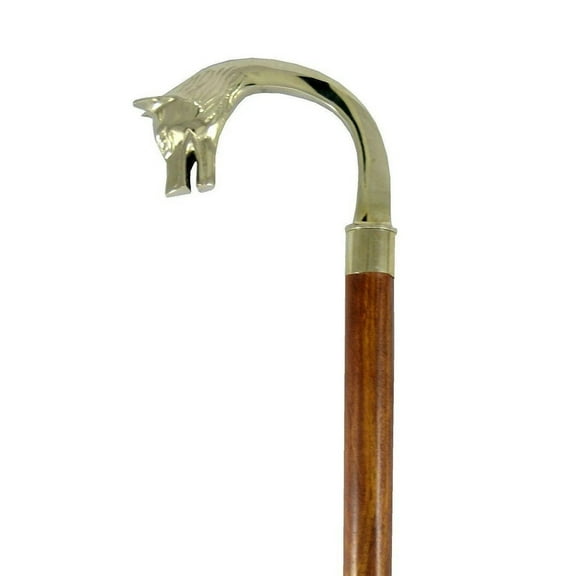 Wooden Brass Fox Head Handle Walking Cane for Unisex