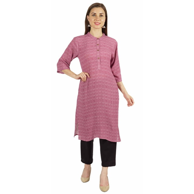 Moomaya Kurti Imprimée pour Femmes Manches 3/4 Col Mandarin Kurta Droite Tunique d'Été Douce