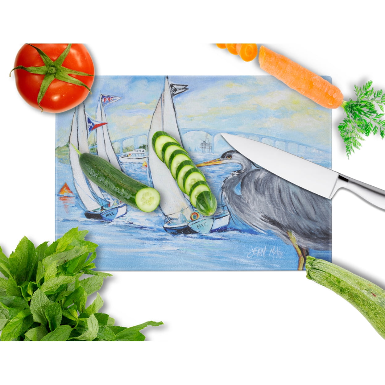 Blue Heron Sailboats Dog River Bridge Glass Cutting Board Large