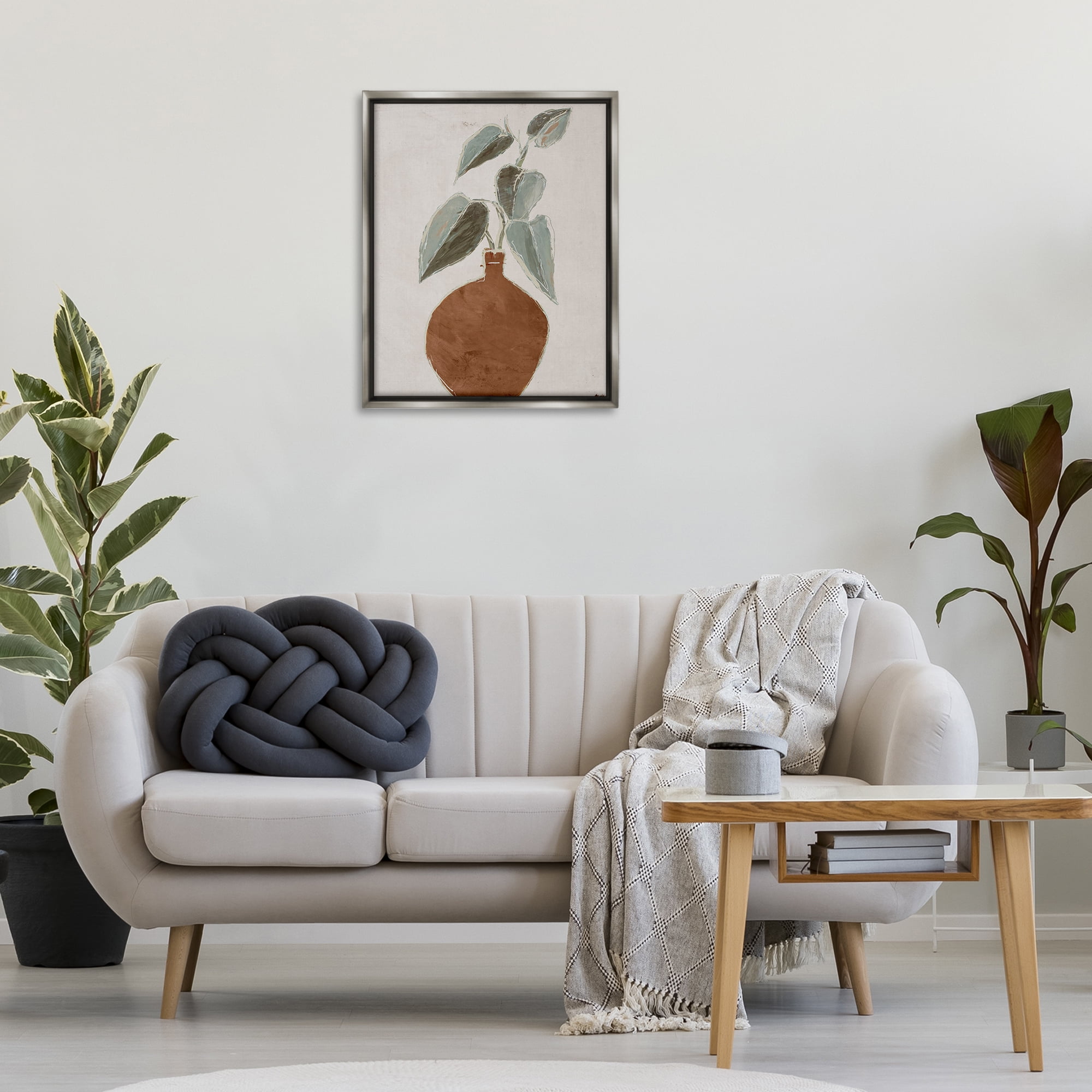 Stupell Industries Natural Tan Greenery Plants & Flowers Painting Gray Floater Framed Canvas Art Print Wall Art, 25 x 31