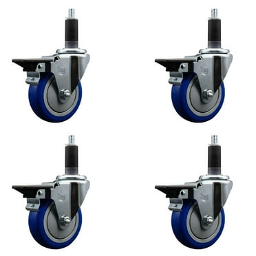 4 Inch Blue Poly Swivel 1-1/8 Inch Expanding Stem Caster Set with Brake SCC