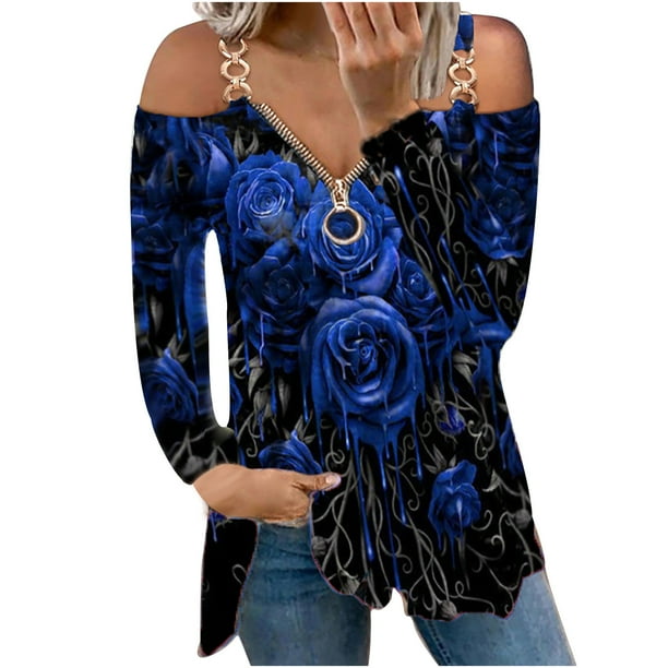 Blusa informal de manga larga con cuello en V y cremallera suelta con estampado floral para mujer Pompotops gfhjh5156