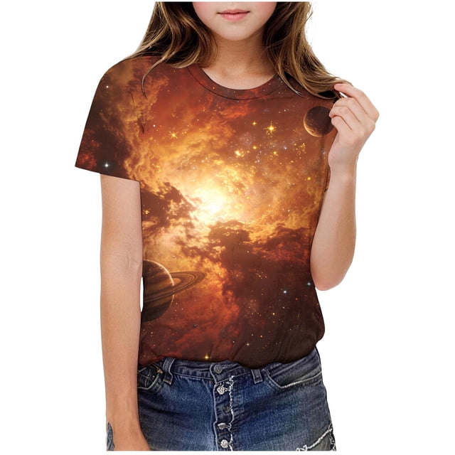 T-Shirt Graphique pour Enfants, T-Shirt à Manches Courtes avec Imprimé Spatial, Haut Décontracté à Col Rond pour Tout-Petits, Garçons et Filles, Vêtement de Jeu Confortable pour l'École et les Activités Extérieures