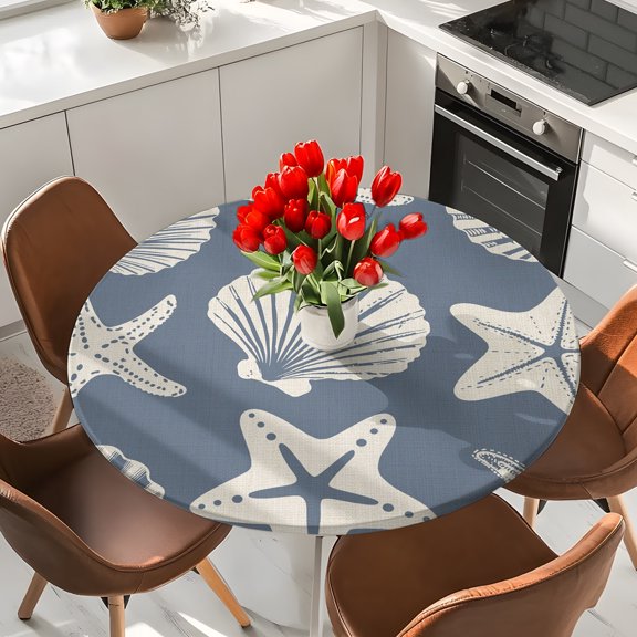 Abstract Blue Starfish Ocean Round Fitted Tablecloth with Elastic Edge,Waterproof Table Cloth Fits 36"-44"Tables,Wipeable Washable Table Cover for Indoor Outdoor Dinning Party,Summer Coastal Shell