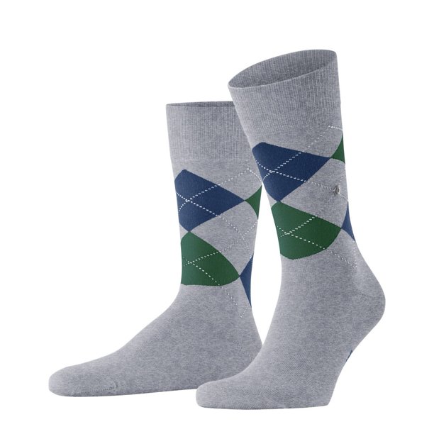 Calcetines de hombre Burlington - King, algodón, diseño de rombos, emblema del logotipo Gris claro/verde/azul 40-46